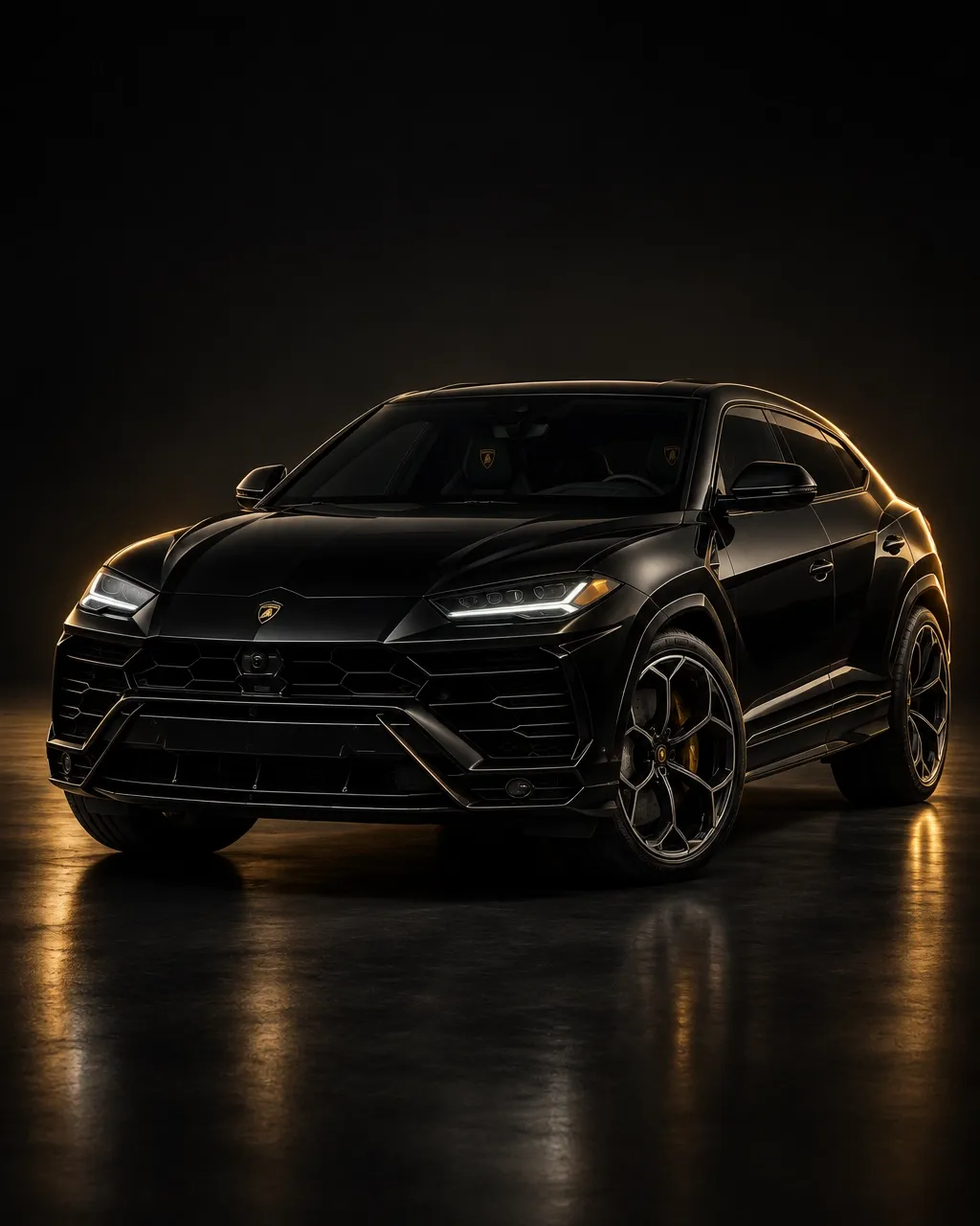 Black Lamborghini Urus in a dramatic studio setting
